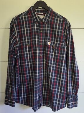 Carhartt Men's Plaid Cotton Button-Up Shirt L Regular Navy Red White Long Sleeve